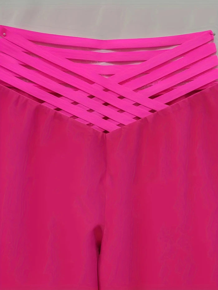 Women Wide Leg Flared Pants 2024 New Y2k Casual Crisscross Sheer Mesh Patch High Waist Trousers Elegant Streetwear Work Pants