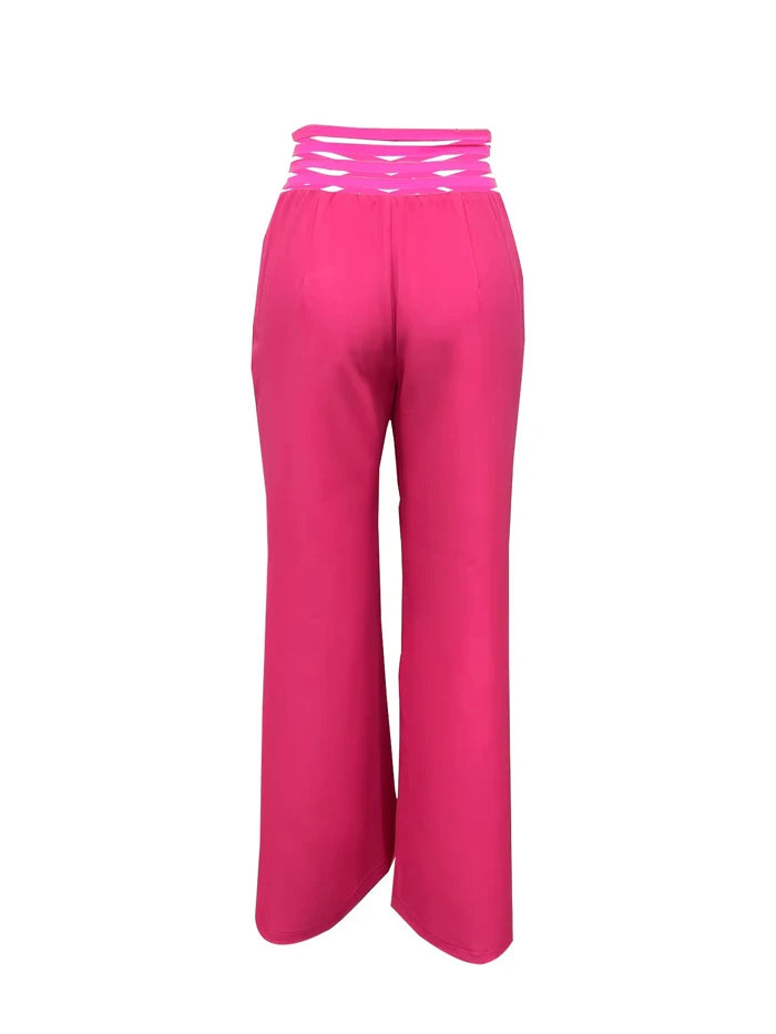 Women Wide Leg Flared Pants 2024 New Y2k Casual Crisscross Sheer Mesh Patch High Waist Trousers Elegant Streetwear Work Pants