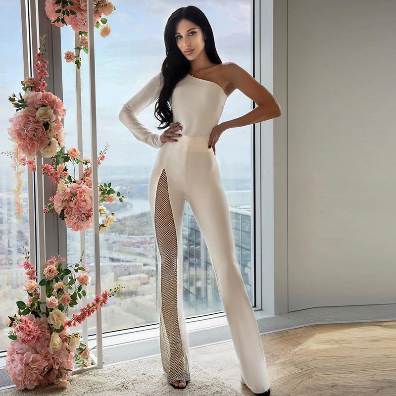Street Fashion Flared Pants  Women Grenadine High Waist Pants for Women Glitter High Slit Boot Cut Flared Trousers 2021 Autumn