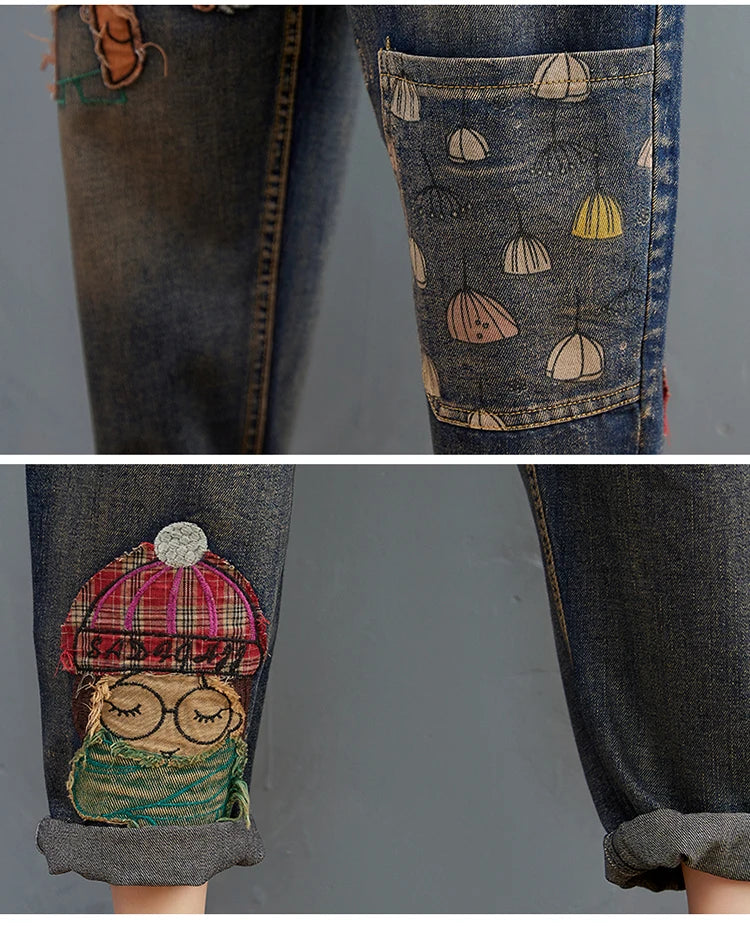 6537 Cartoon Litter Girl Embroidery Denim Pants For Women Trendy Hole Casual High Waist Breeches Pockets Mom Harem Blue Jeans