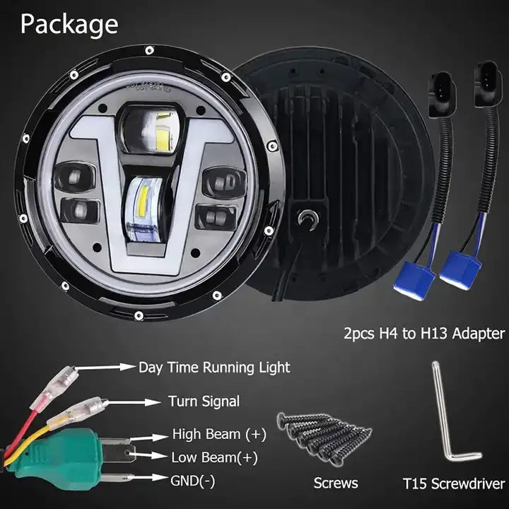 OVOVS Car Accessories 50W 7 Inch Led Headlights with V Shape DRL Turn Signal High Low Beam for Jeep Wrangler JK