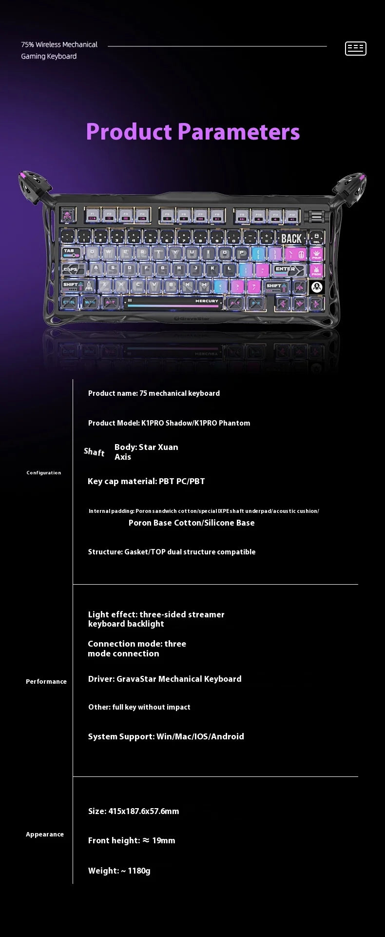 Wireless Mechanical Keyboard Gravastar for Laptop/Computer Special Gift Top Gaming Peripherals Cyberpunk K1 Pro Special Edition