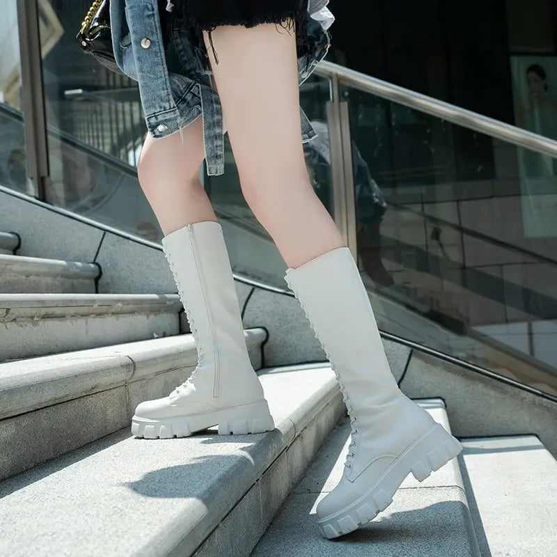 Sexy Knee-High PU Boots Lace-Up Closure Solid High Heel Fashion Shoes Spring Autumn Waterproof Motorcycle Style for Women