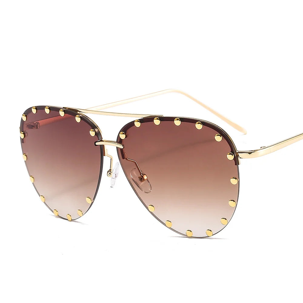 2022 High Gafas Designer Quality Unisex Metal Sunglass Glasses Luxury Branded Aviation Sunglasses studded Large-frame Sunglasses