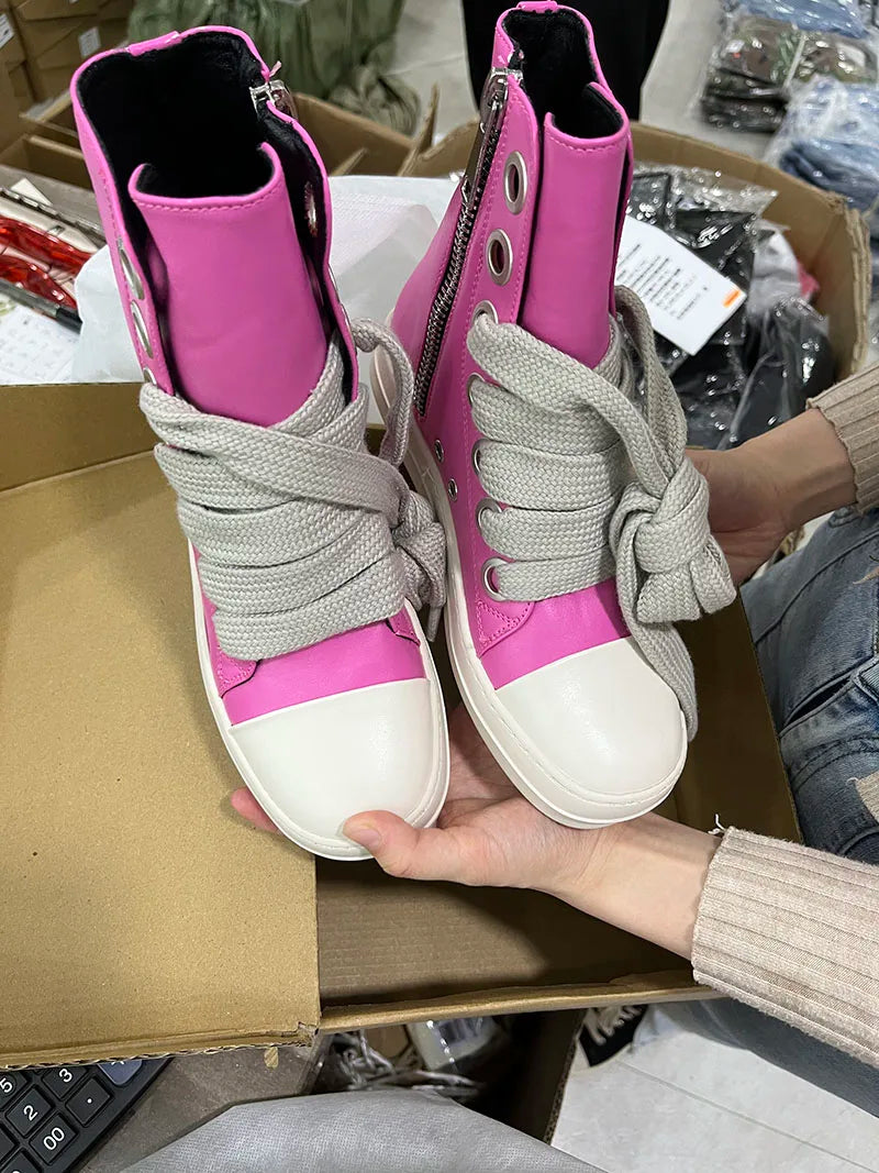 Fast Shipping Round Toe High Top Board Sneakers Black Leather Casual Winter Shoes Women Zip Ankle Lace up Motorcycle Boots