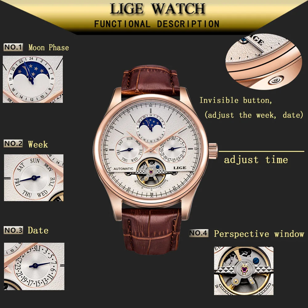 LIGE LG6826 Mens Watches Automatic Mechanical Watch Tourbillon Clock Leather Brown Casual Business Watches Men with Gift Box