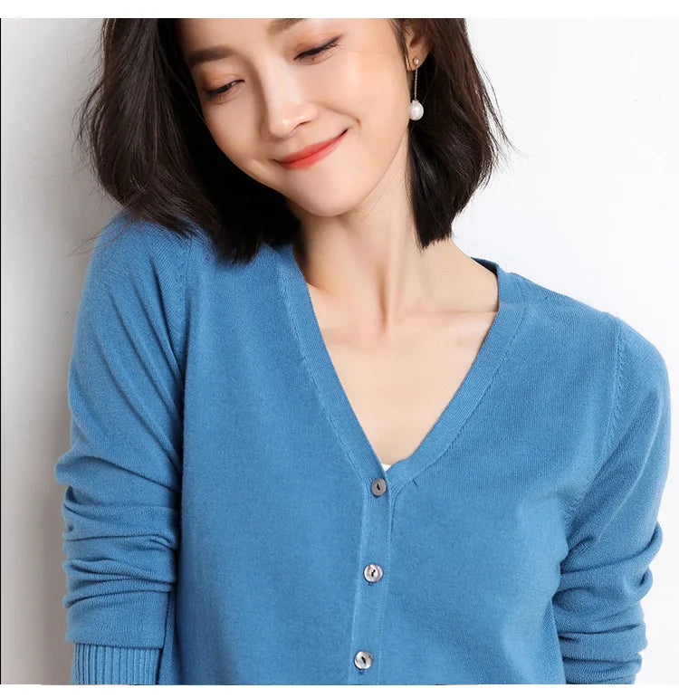 2025 Women Cardigans Long Sleeve Knitted Outerwear Solid Thin Spring Autumn Sweaters V-neck Knitwears Korean Fashion Cardigans