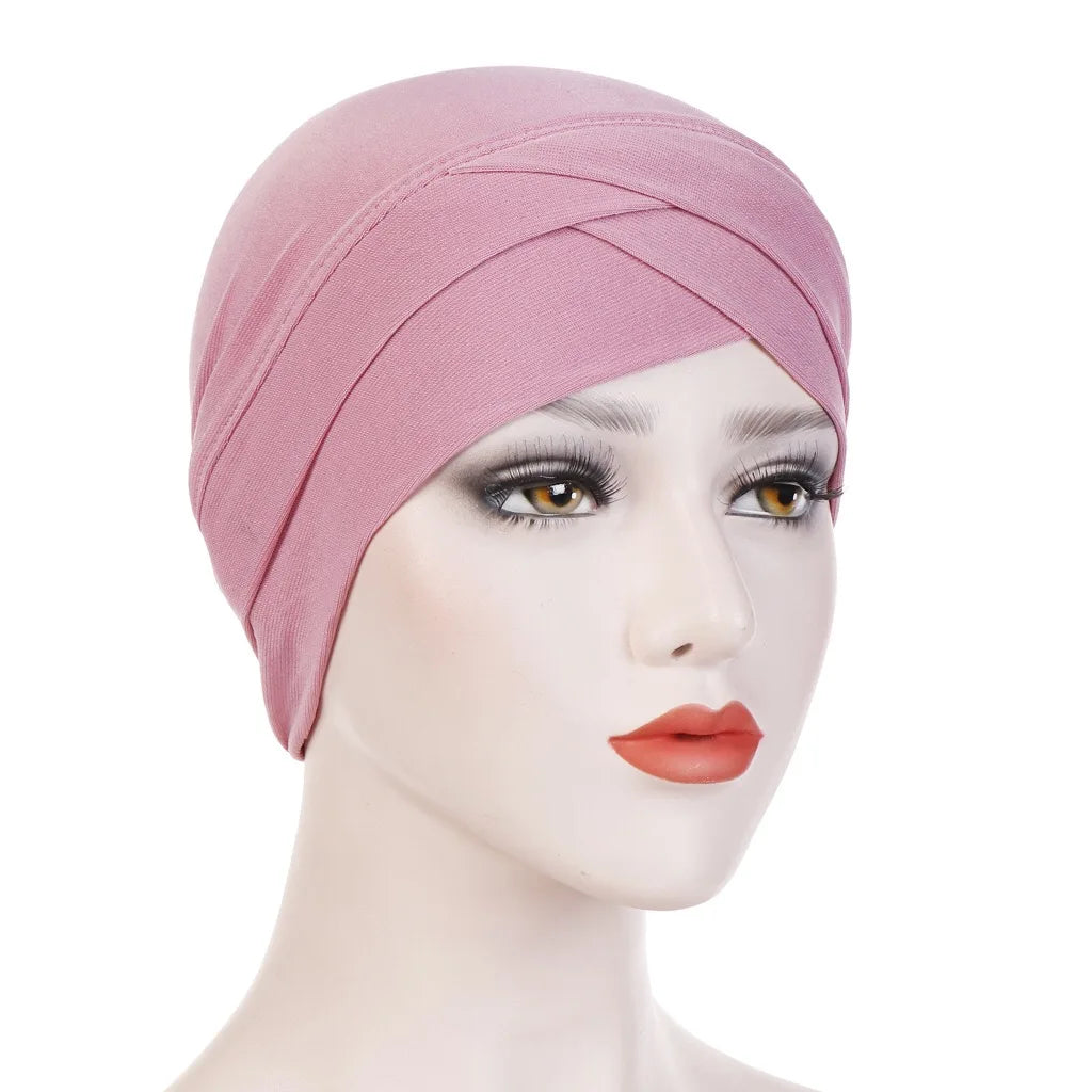 H117 Forehead criss Cross Muslim Turban Pure Color Stretch Inner Hijabs For Caps Ready To Wear Women Head Scarf Under Bonnet