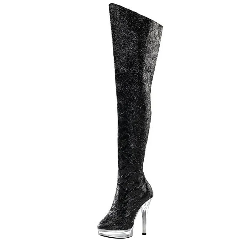 13cm High-heeled Shoes Sexy Over-the-knee Long Boots Platform Stripper Crystal Stage Motorcycle Plus Size Thigh High Boots