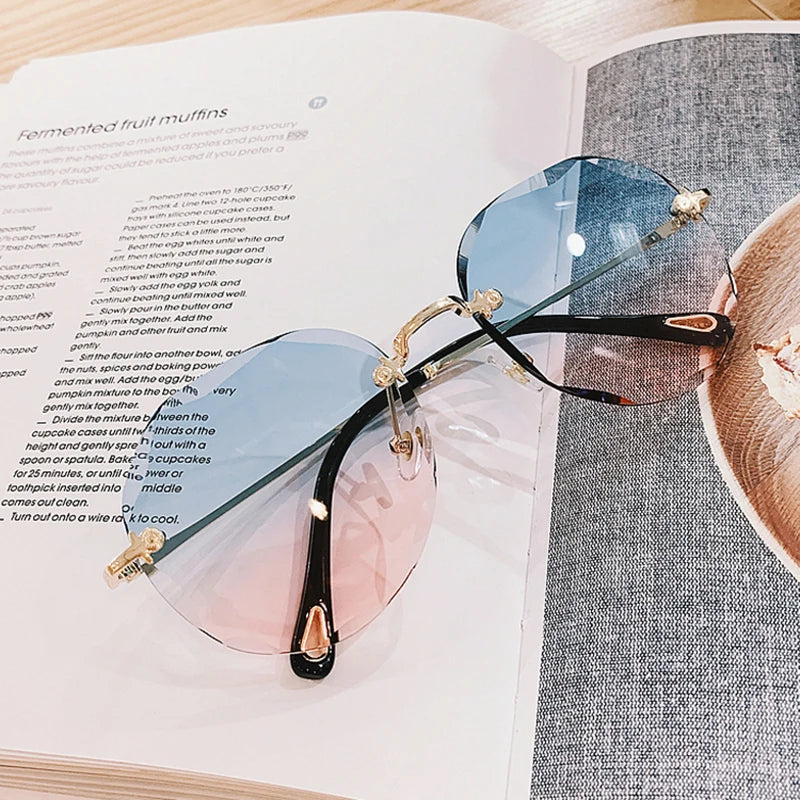 Fashion Rimless Trendy Sunglasses Women Round Cut Edge Gradient Color Sunglasses Gradient Sunglasses UV400 Rimless Shades