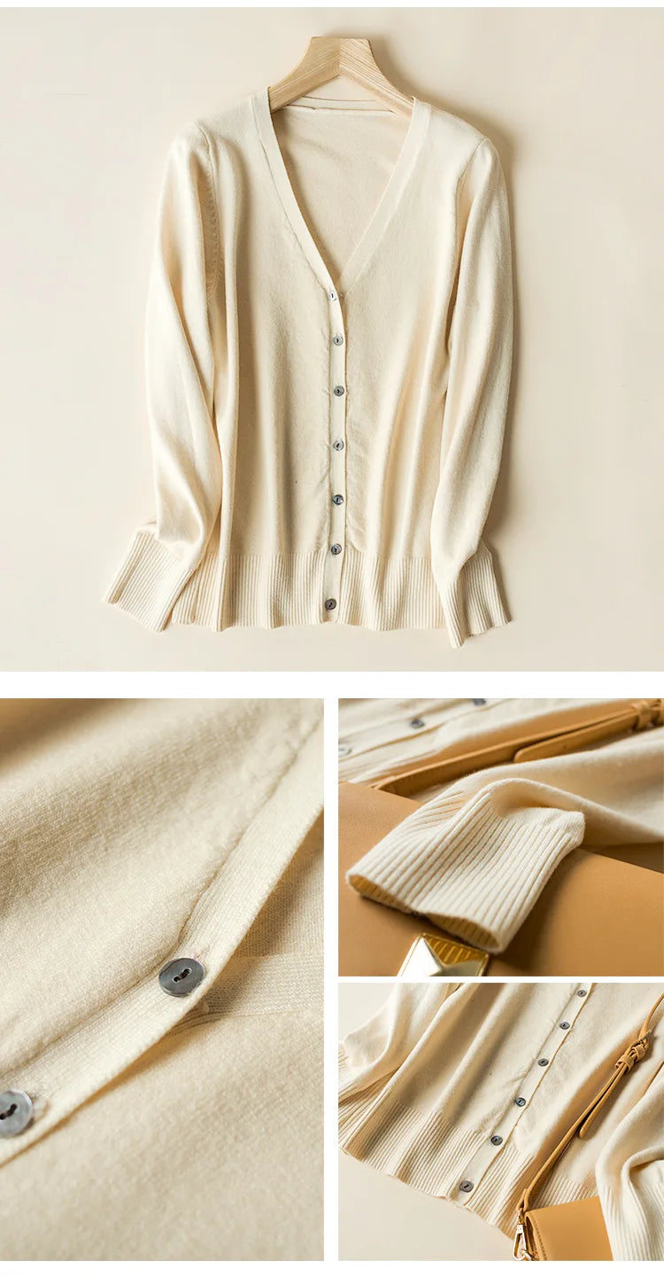 2025 Women Cardigans Long Sleeve Knitted Outerwear Solid Thin Spring Autumn Sweaters V-neck Knitwears Korean Fashion Cardigans