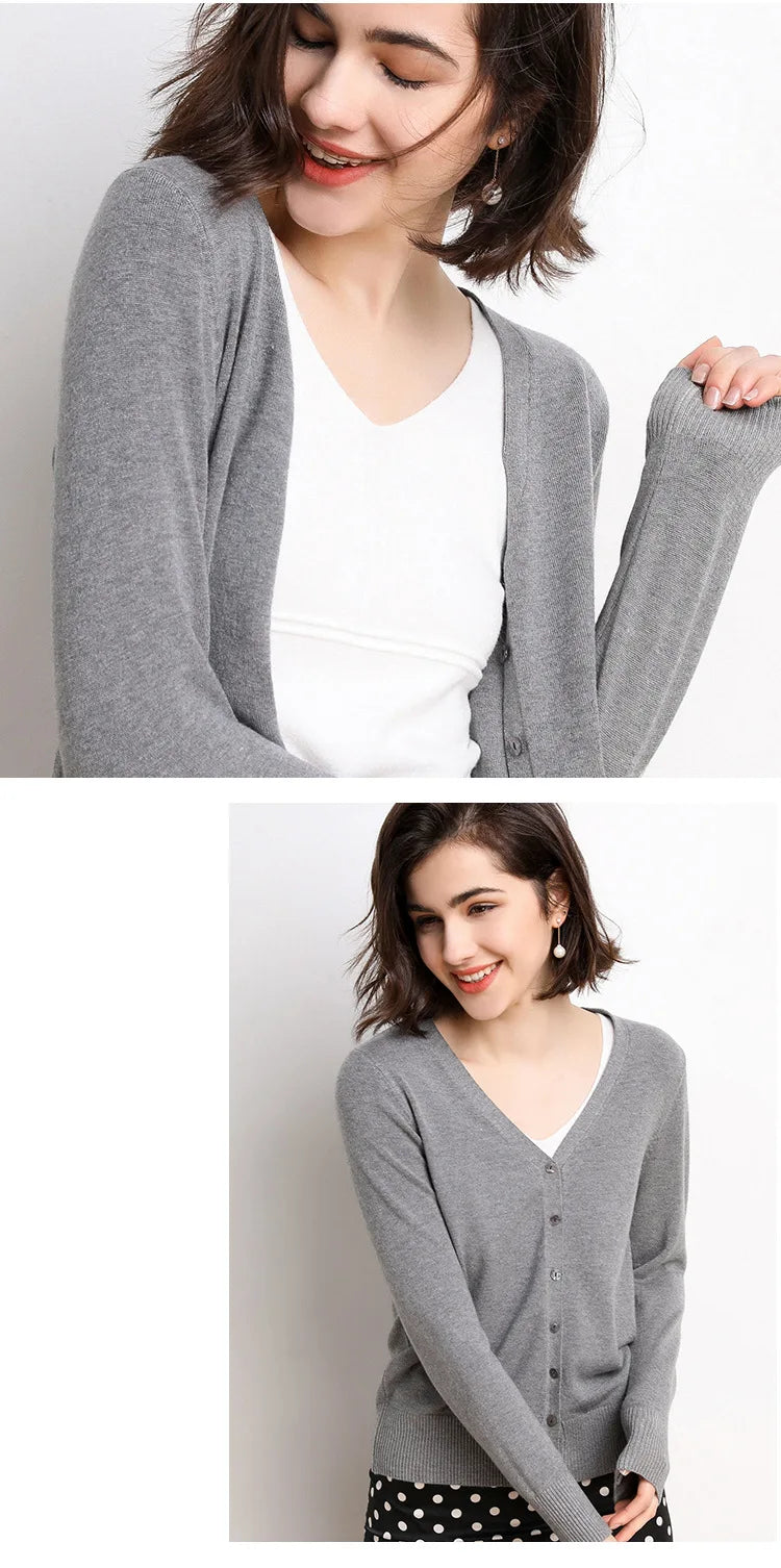 2025 Women Cardigans Long Sleeve Knitted Outerwear Solid Thin Spring Autumn Sweaters V-neck Knitwears Korean Fashion Cardigans