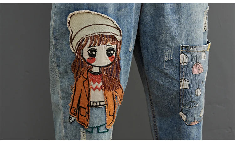 6537 Cartoon Litter Girl Embroidery Denim Pants For Women Trendy Hole Casual High Waist Breeches Pockets Mom Harem Blue Jeans