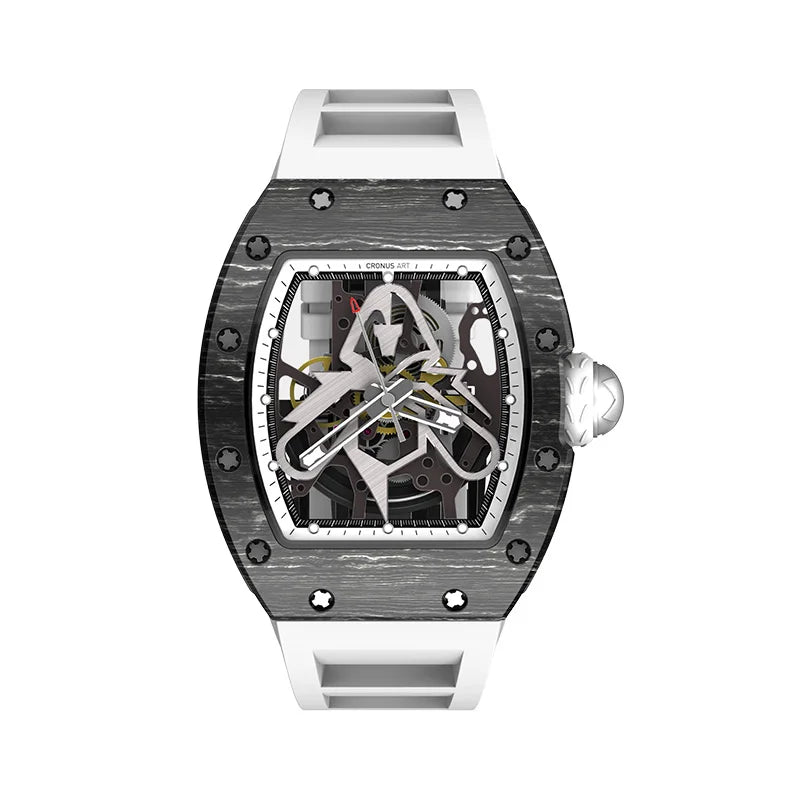 44mm Skeleton Mechanical Men's Watch-Tonneau Carbon Fiber Case 20mm White Rubber Strap 3BAR Water Resistant Sapphire Crystal
