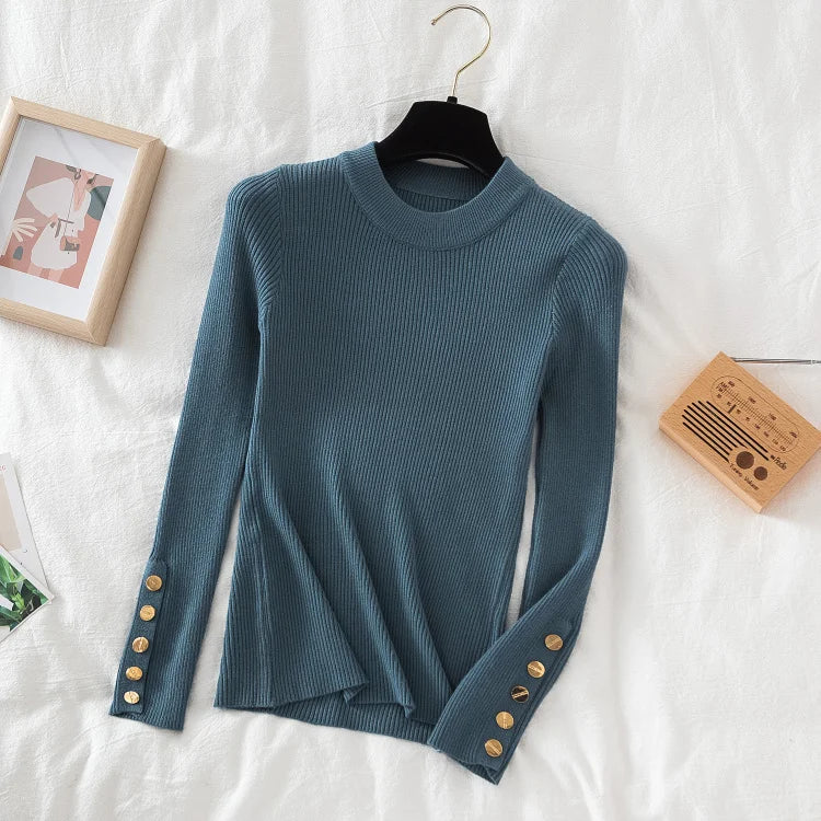 2026 women thick sweater pullovers khaki casual autumn winter button o-neck chic sweater female slim knit top soft jumper tops
