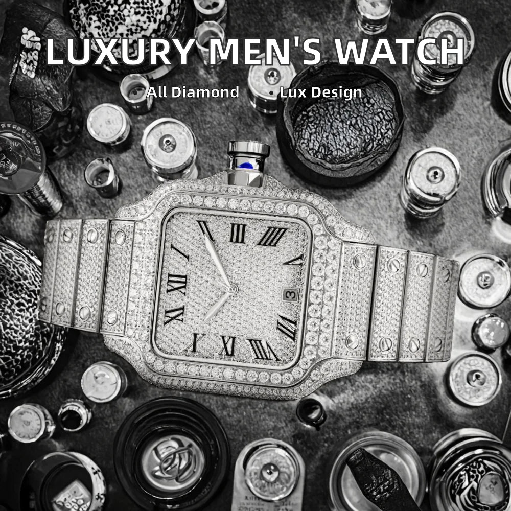 Customized High Quality Men's Ice Crystal VVS Moissanite Watch Cartierable Mechanical Square Case Luxury Wrapped 39mm Hip Hop