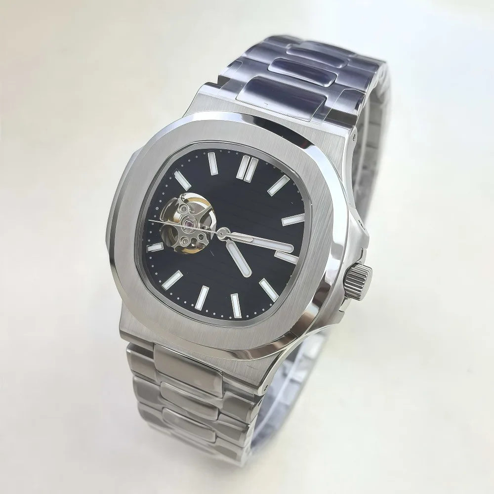 SEIKO NH38 Movement 41mm Fully Automatic Mechanical Men's Watch Hollowed-out Stainless Steel Mineral Glass 10Bar Water Resistant