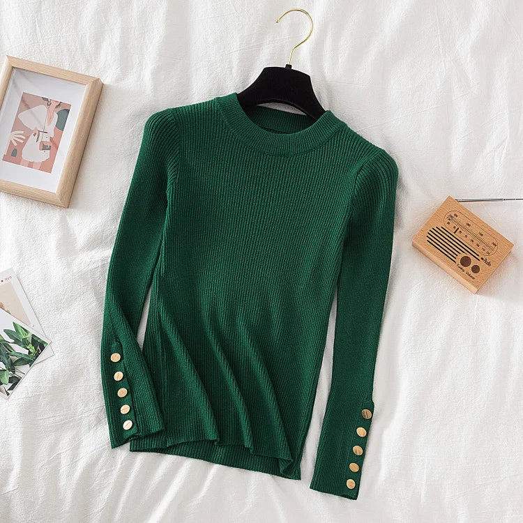 2026 women thick sweater pullovers khaki casual autumn winter button o-neck chic sweater female slim knit top soft jumper tops