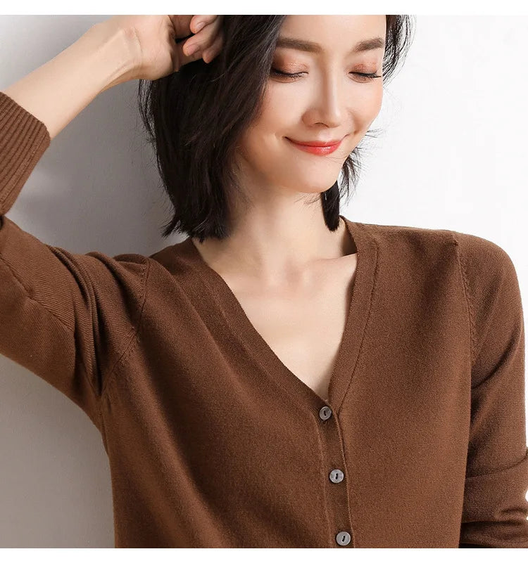 2025 Women Cardigans Long Sleeve Knitted Outerwear Solid Thin Spring Autumn Sweaters V-neck Knitwears Korean Fashion Cardigans