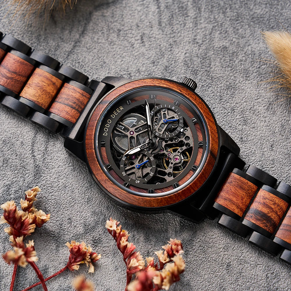 Premium Skeleton Wooden Mechanical Watch Personalized Automatic Timepiece Handmade Wood and Steel Wristwatch for Men's Gift