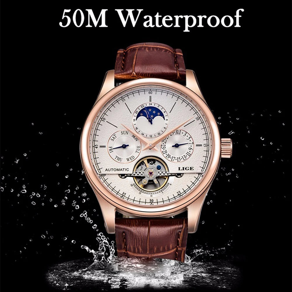 LIGE LG6826 Mens Watches Automatic Mechanical Watch Tourbillon Clock Leather Brown Casual Business Watches Men with Gift Box