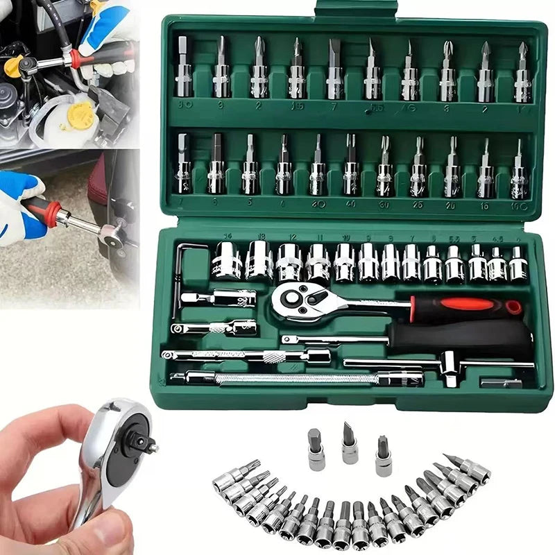 46pcs 1/4 Inch Ratchet Wrench Set Metric Hex Bit Socket Set Mechanic Tool Kits for Auto Repair Vehicle Tools