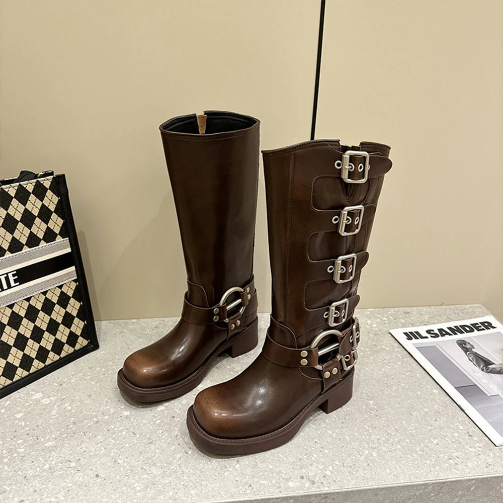2025 Autumn Winter Retro Women's Long & Short Square Toe Waterproof Motorcycle Western Cowboy Boots Chunky Heels Trend