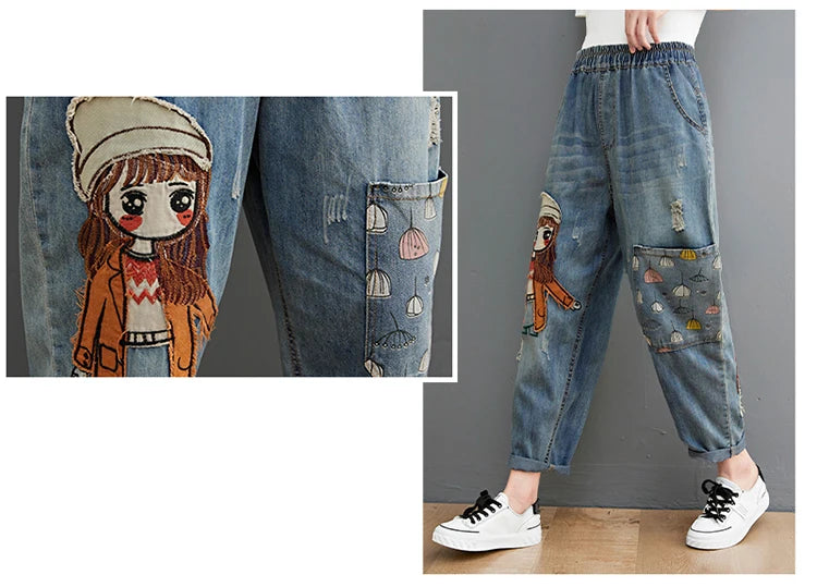 6537 Cartoon Litter Girl Embroidery Denim Pants For Women Trendy Hole Casual High Waist Breeches Pockets Mom Harem Blue Jeans