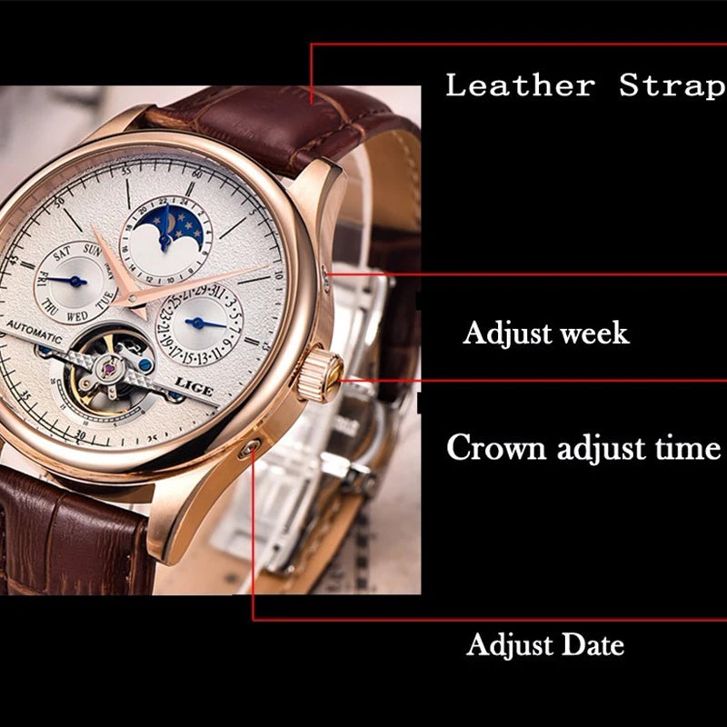 LIGE LG6826 Mens Watches Automatic Mechanical Watch Tourbillon Clock Leather Brown Casual Business Watches Men with Gift Box
