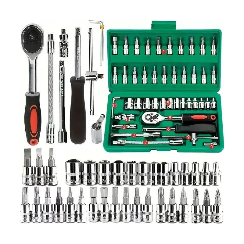 46pcs 1/4 Inch Ratchet Wrench Set Metric Hex Bit Socket Set Mechanic Tool Kits for Auto Repair Vehicle Tools