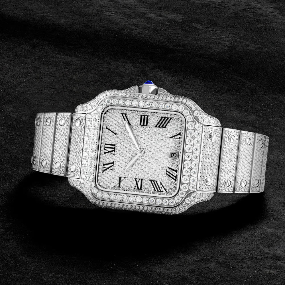 Customized High Quality Men's Ice Crystal VVS Moissanite Watch Cartierable Mechanical Square Case Luxury Wrapped 39mm Hip Hop