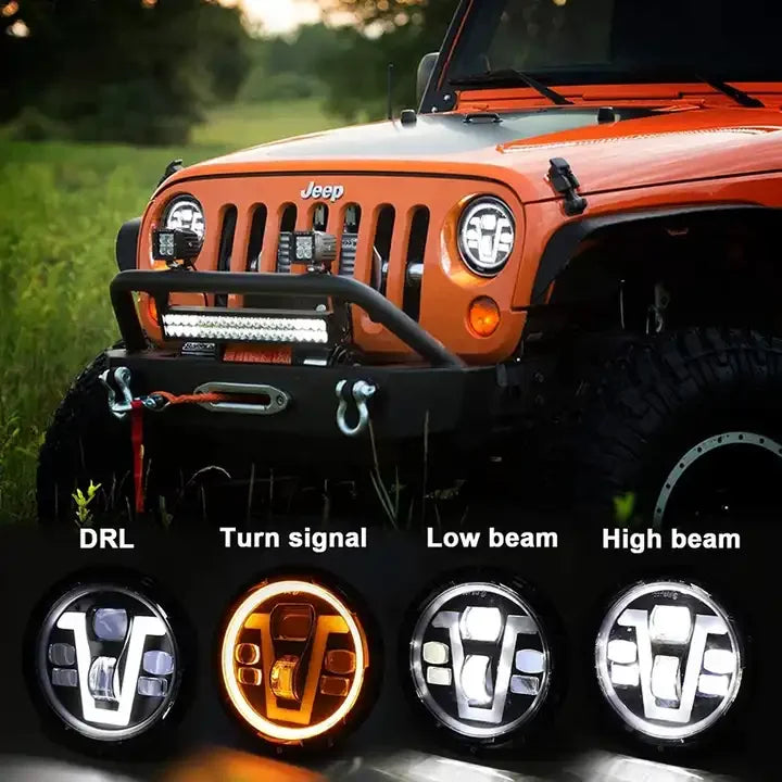 OVOVS Car Accessories 50W 7 Inch Led Headlights with V Shape DRL Turn Signal High Low Beam for Jeep Wrangler JK