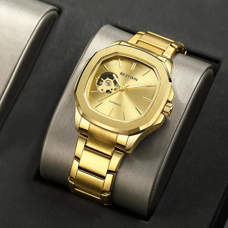 BESTWIN 985 Skeleton Hollow Men Automatic Mechanical Watch Steampunk Sliver Blue Steel Waterproof Wrist Watches Male Mechanism