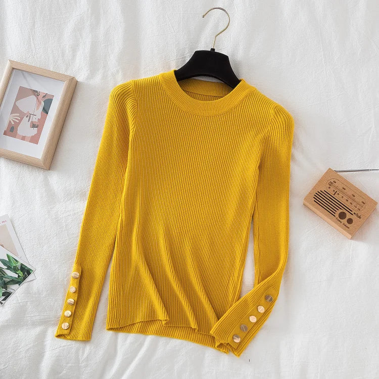 2026 women thick sweater pullovers khaki casual autumn winter button o-neck chic sweater female slim knit top soft jumper tops