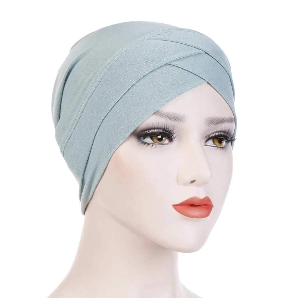 H117 Forehead criss Cross Muslim Turban Pure Color Stretch Inner Hijabs For Caps Ready To Wear Women Head Scarf Under Bonnet