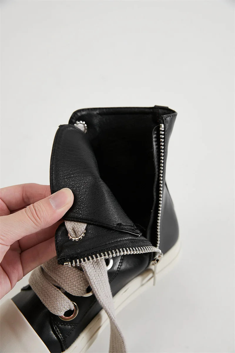 Fast Shipping Round Toe High Top Board Sneakers Black Leather Casual Winter Shoes Women Zip Ankle Lace up Motorcycle Boots