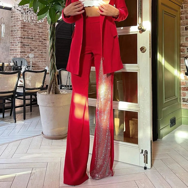 Street Fashion Flared Pants  Women Grenadine High Waist Pants for Women Glitter High Slit Boot Cut Flared Trousers 2021 Autumn