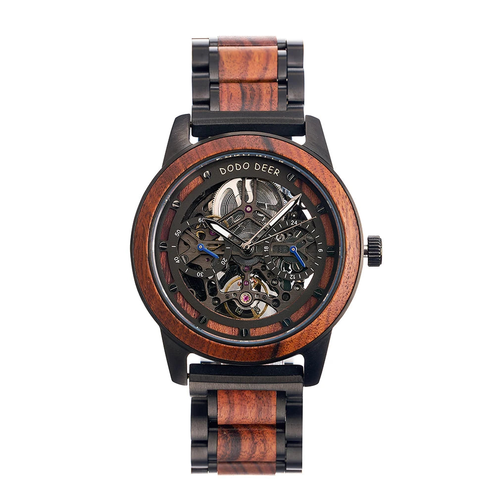 Premium Skeleton Wooden Mechanical Watch Personalized Automatic Timepiece Handmade Wood and Steel Wristwatch for Men's Gift