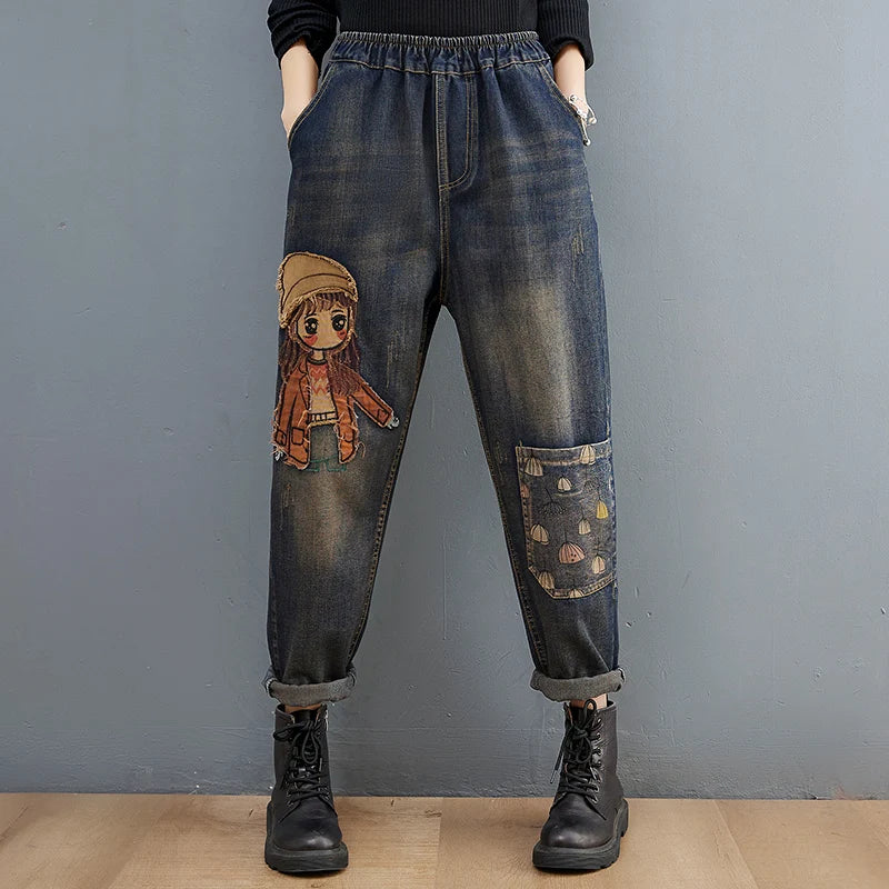 6537 Cartoon Litter Girl Embroidery Denim Pants For Women Trendy Hole Casual High Waist Breeches Pockets Mom Harem Blue Jeans