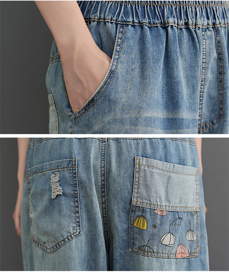 6537 Cartoon Litter Girl Embroidery Denim Pants For Women Trendy Hole Casual High Waist Breeches Pockets Mom Harem Blue Jeans