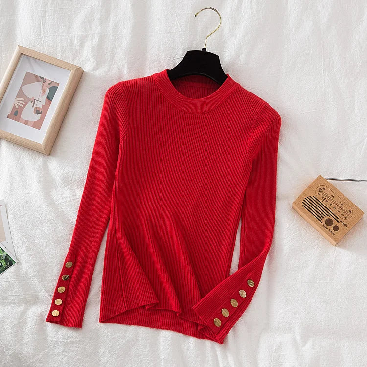 2026 women thick sweater pullovers khaki casual autumn winter button o-neck chic sweater female slim knit top soft jumper tops