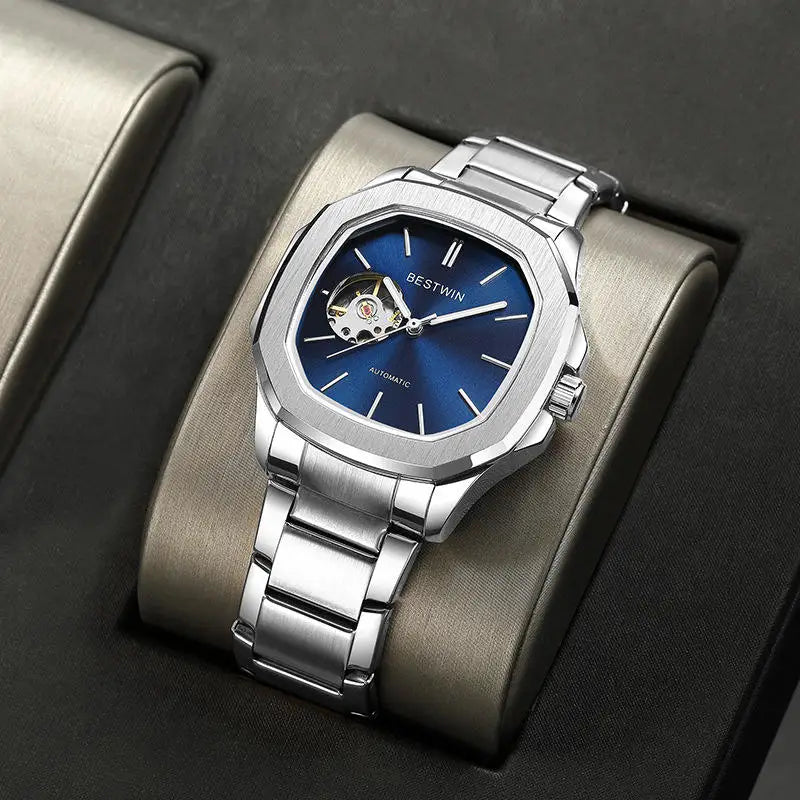 BESTWIN 985 Skeleton Hollow Men Automatic Mechanical Watch Steampunk Sliver Blue Steel Waterproof Wrist Watches Male Mechanism