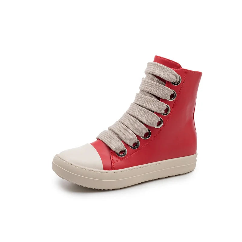 Fast Shipping Round Toe High Top Board Sneakers Black Leather Casual Winter Shoes Women Zip Ankle Lace up Motorcycle Boots