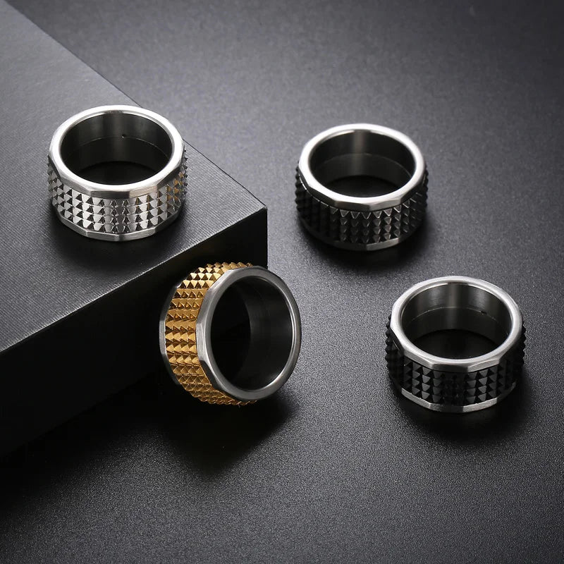 Fongten 12mm Rivet Pyramid Rings For Women Men Stainless Steel Hip Hop Anillos Hombres Classic Charm Ring Jewelry Christmas Gift