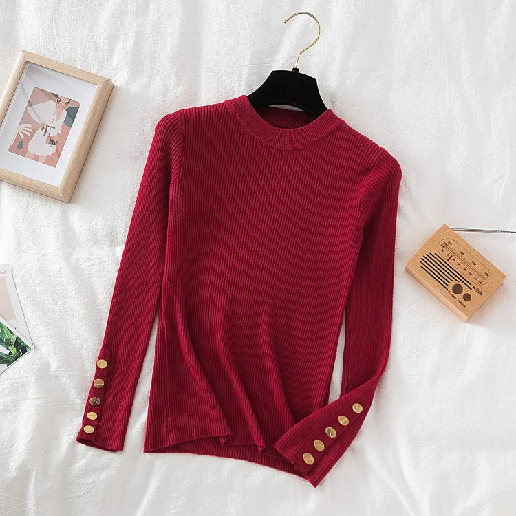 2026 women thick sweater pullovers khaki casual autumn winter button o-neck chic sweater female slim knit top soft jumper tops