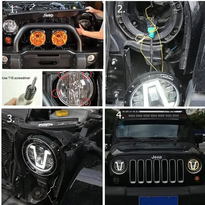 OVOVS Car Accessories 50W 7 Inch Led Headlights with V Shape DRL Turn Signal High Low Beam for Jeep Wrangler JK