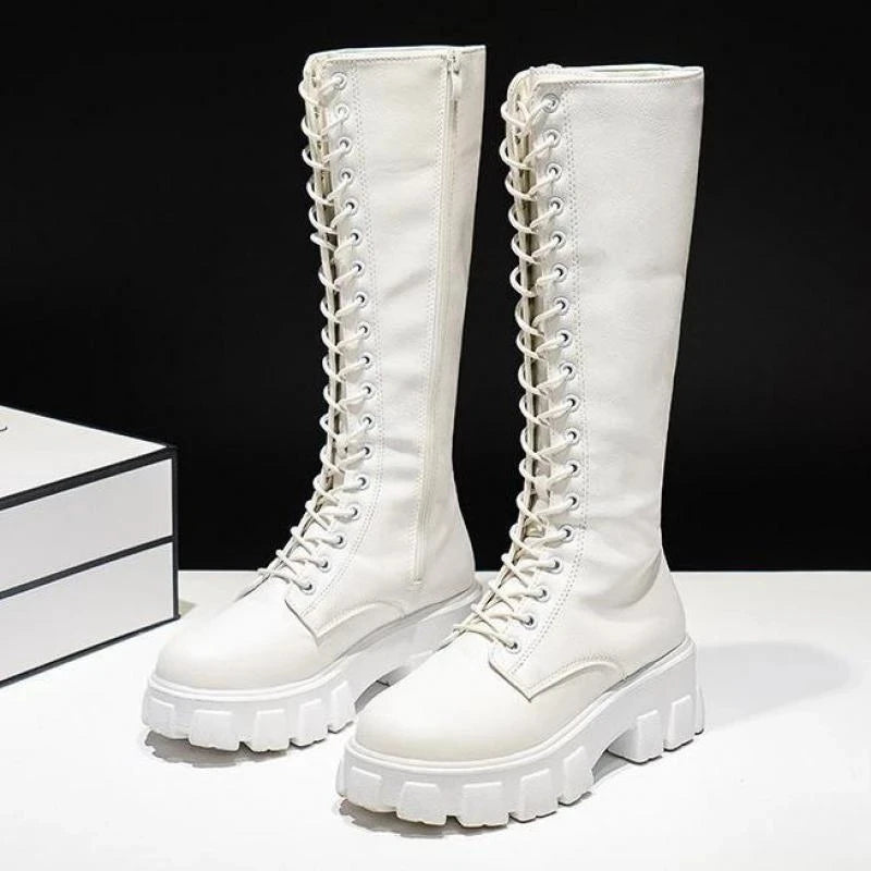 Sexy Knee-High PU Boots Lace-Up Closure Solid High Heel Fashion Shoes Spring Autumn Waterproof Motorcycle Style for Women