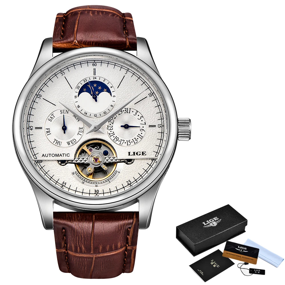 LIGE LG6826 Mens Watches Automatic Mechanical Watch Tourbillon Clock Leather Brown Casual Business Watches Men with Gift Box