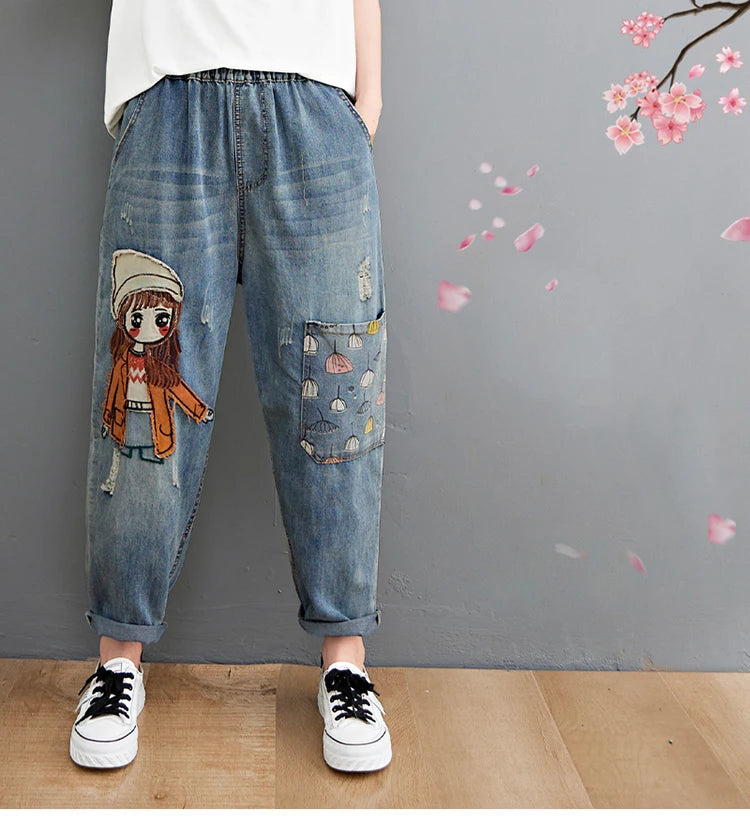 6537 Cartoon Litter Girl Embroidery Denim Pants For Women Trendy Hole Casual High Waist Breeches Pockets Mom Harem Blue Jeans