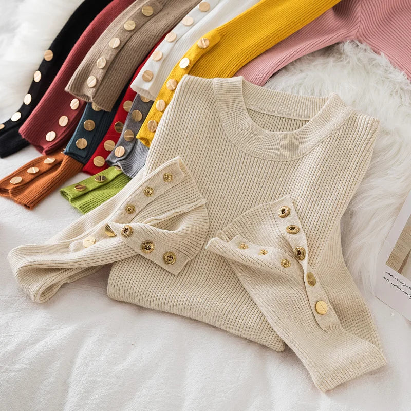 2026 women thick sweater pullovers khaki casual autumn winter button o-neck chic sweater female slim knit top soft jumper tops
